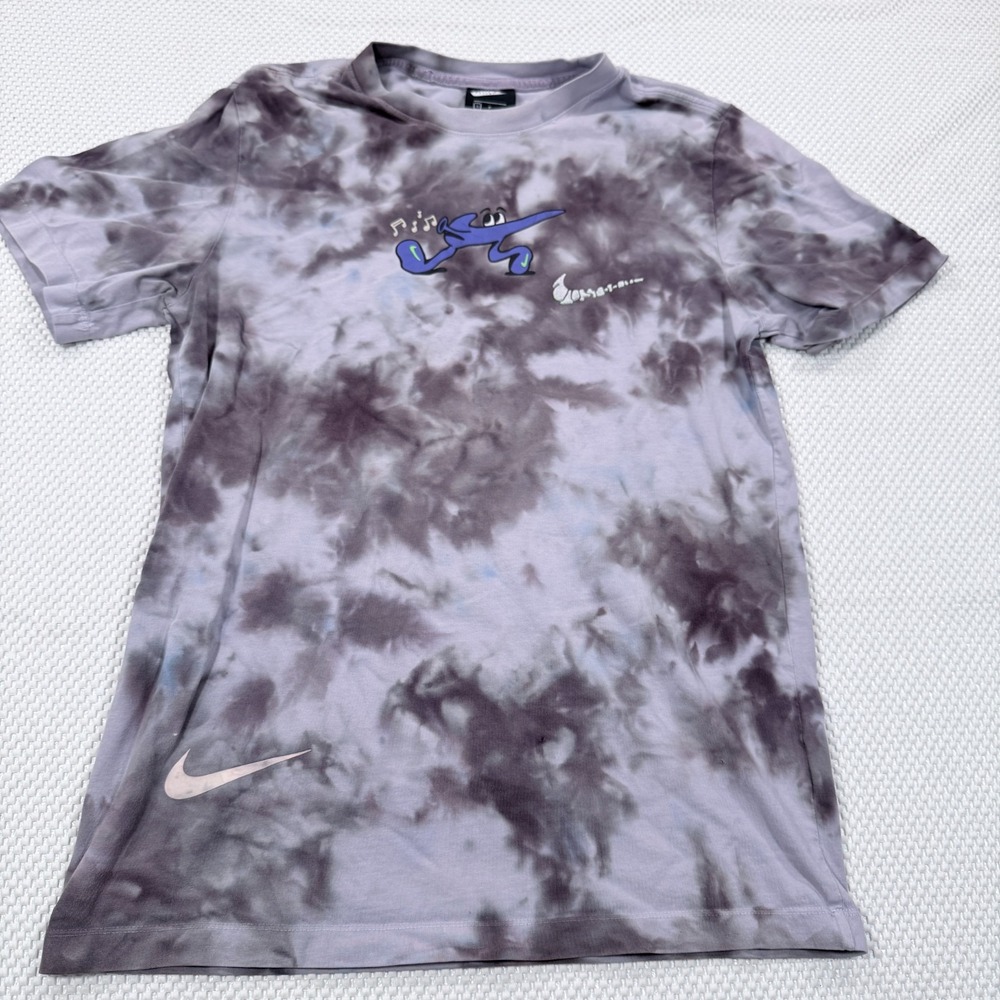 Nike Mens Small Tie Dye T Shirt Grey Purple Graphic Back Print Short Sleeve